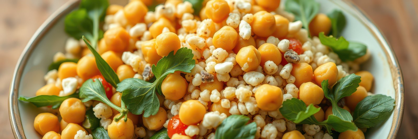 Salad made with chickpeas and popcorn served in a rustic bowl garnished with fresh herbs
